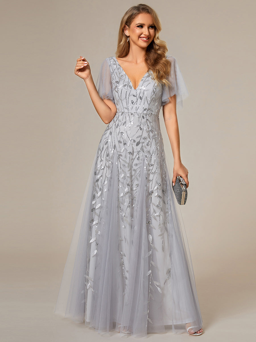Bodenlanger V-Ausschnitt A-Linie Pailletten Kleid Mit Tiefem V-Ausschnitt Und Funkelnden Details #Farbe_Silber