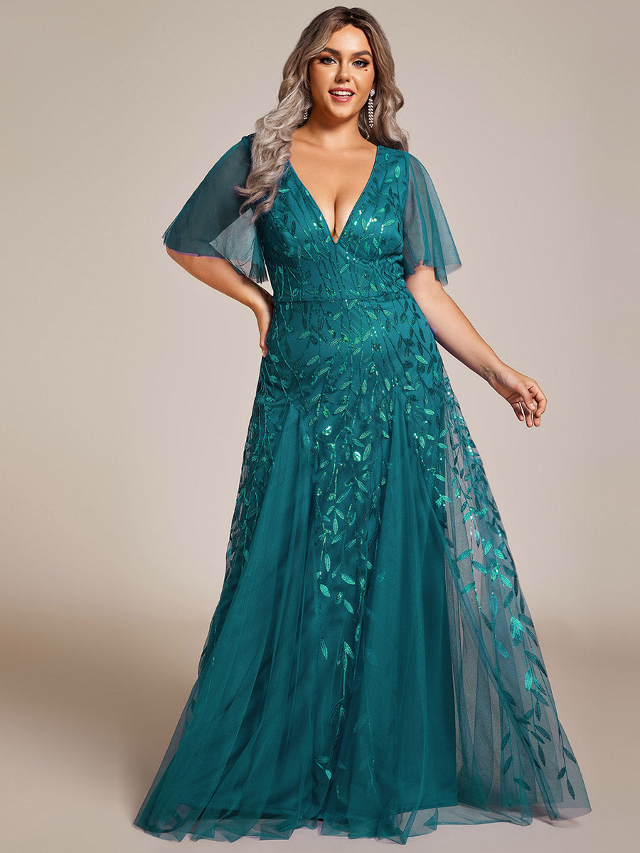 Bodenlanger V-Ausschnitt A-Linie Pailletten Kleid Mit Tiefem V-Ausschnitt Und Funkelnden Details #Farbe_Petrol