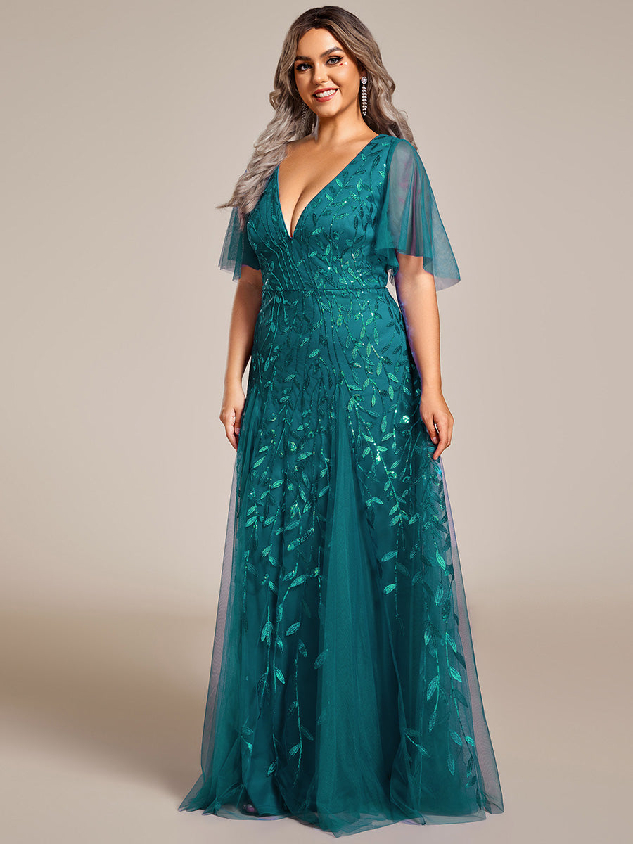 Bodenlanger V-Ausschnitt A-Linie Pailletten Kleid Mit Tiefem V-Ausschnitt Und Funkelnden Details #Farbe_Petrol