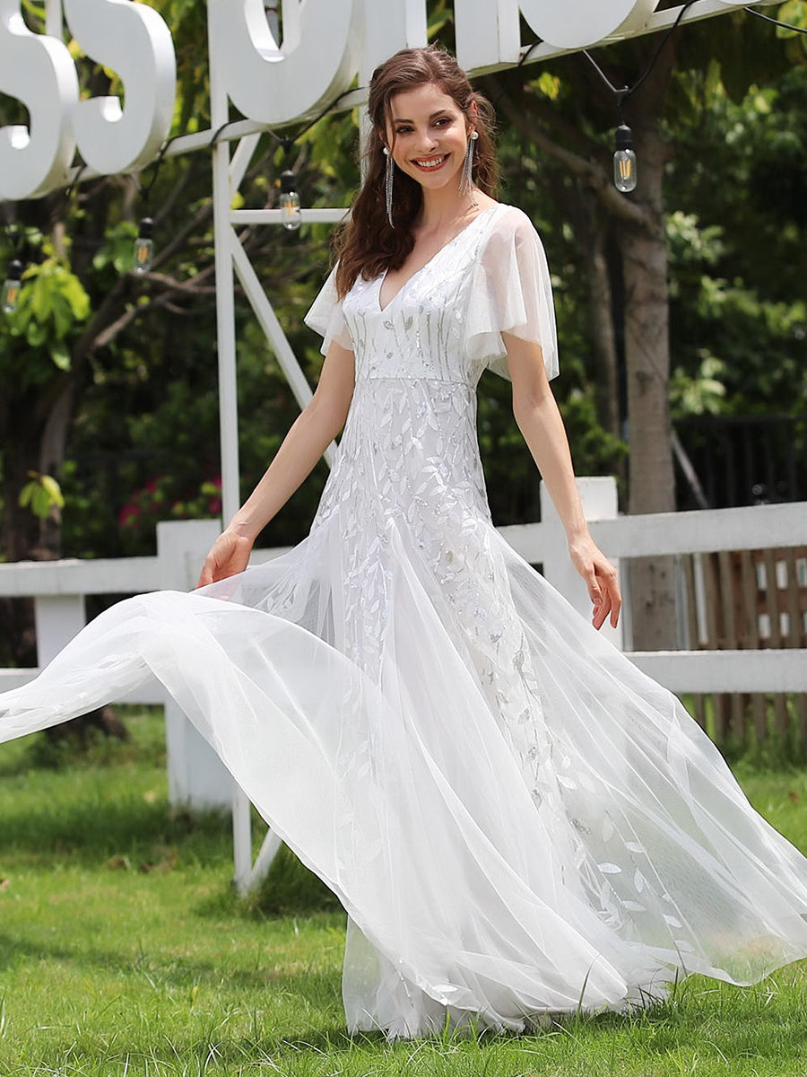 Bodenlanger V-Ausschnitt A-Linie Pailletten Kleid Mit Tiefem V-Ausschnitt Und Funkelnden Details #Farbe_Weiß