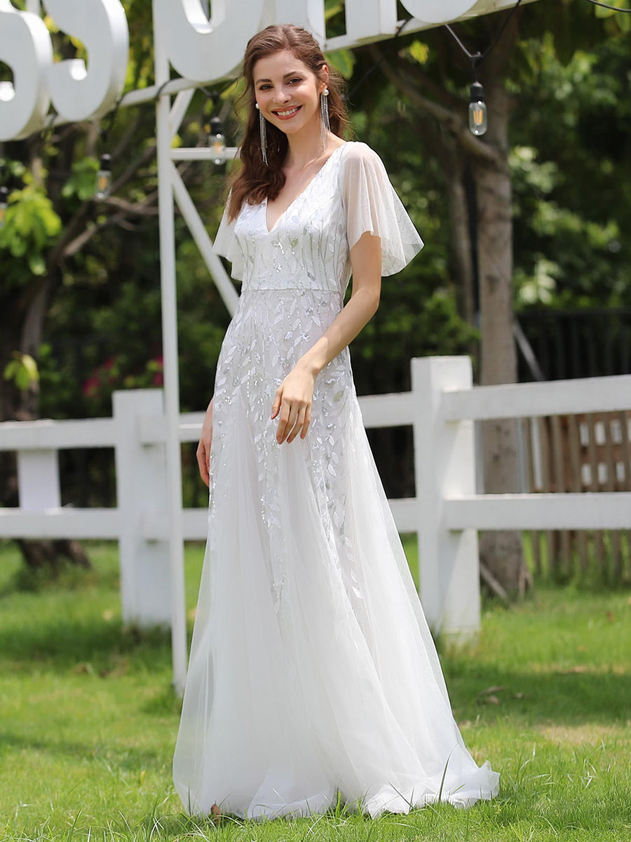 Bodenlanger V-Ausschnitt A-Linie Pailletten Kleid Mit Tiefem V-Ausschnitt Und Funkelnden Details #Farbe_Weiß