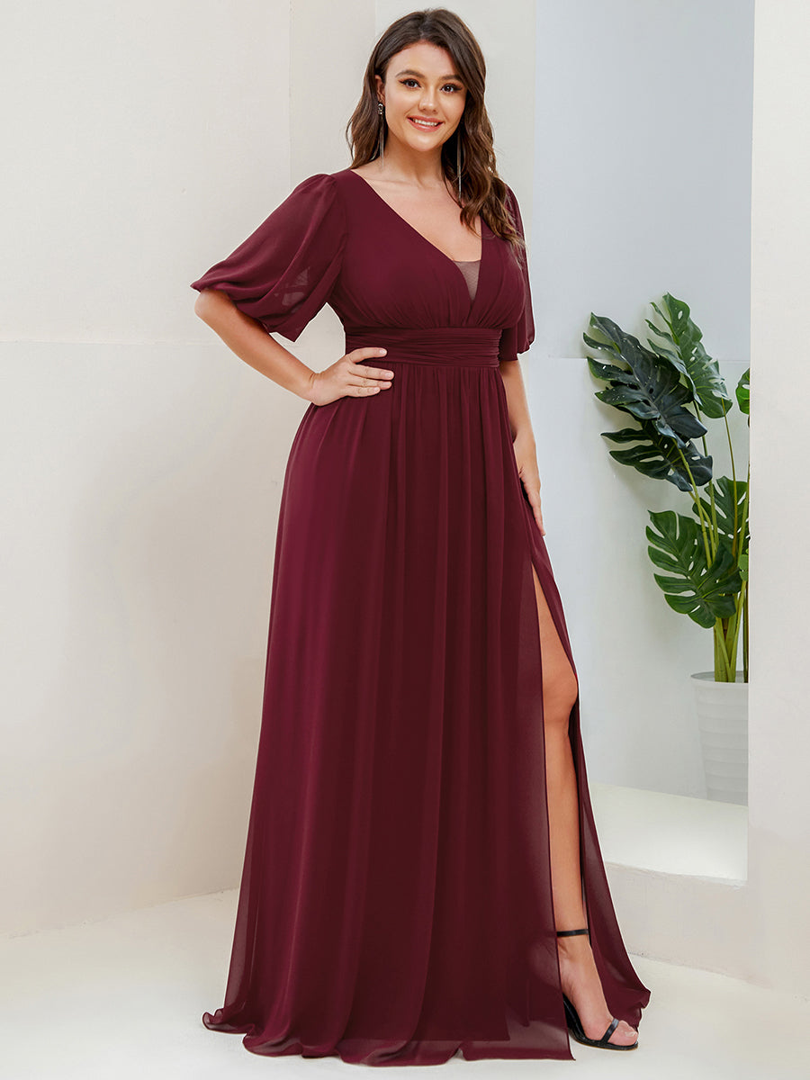 Bodenlanger V-Ausschnitt A-Linie Chiffon Kleid Mit Hohem Schlitz Und Falten Details Kleid #Farbe_Burgunderrot