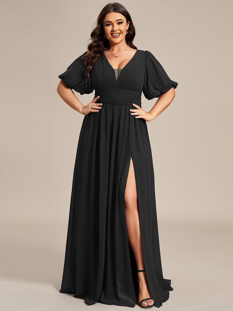 Bodenlanger V-Ausschnitt A-Linie Chiffon Kleid Mit Hohem Schlitz Und Falten Details Kleid #Farbe_Schwarz