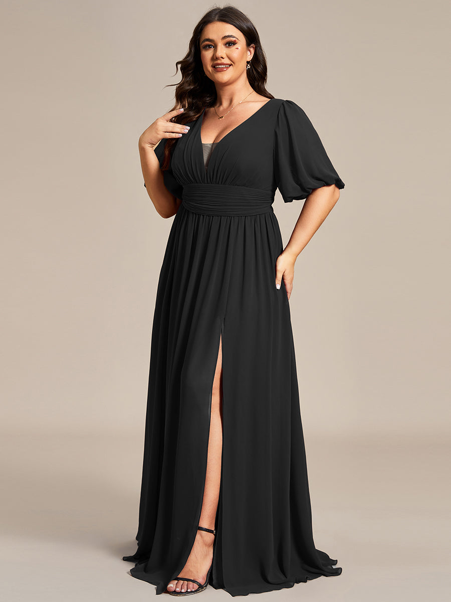 Bodenlanger V-Ausschnitt A-Linie Chiffon Kleid Mit Hohem Schlitz Und Falten Details Kleid #Farbe_Schwarz