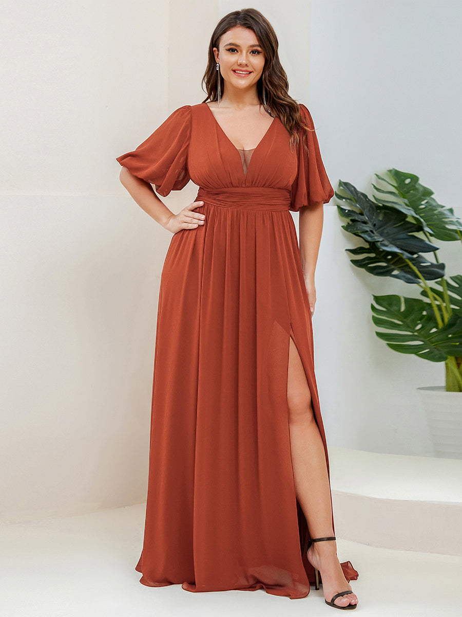 Bodenlanger V-Ausschnitt A-Linie Chiffon Kleid Mit Hohem Schlitz Und Falten Details Kleid #Farbe_Gebranntes Orange