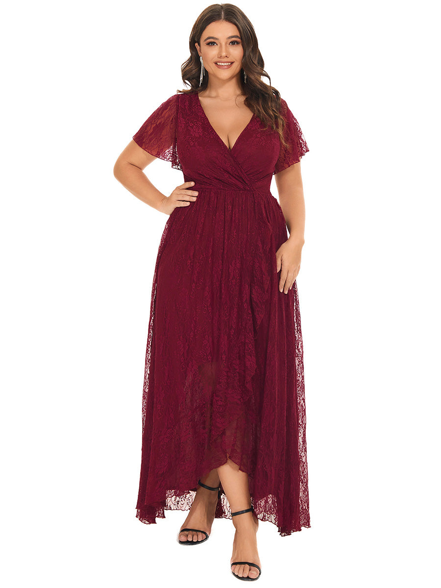 Größe Nach Maß Kurzärmliges Spitzen-Abendkleid in A-Linie mit Rüschen und V-Ausschnitt #farbe_Burgunderrot