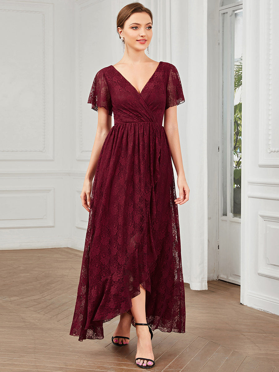 Größe Nach Maß Kurzärmliges Spitzen-Abendkleid in A-Linie mit Rüschen und V-Ausschnitt #farbe_Burgunderrot