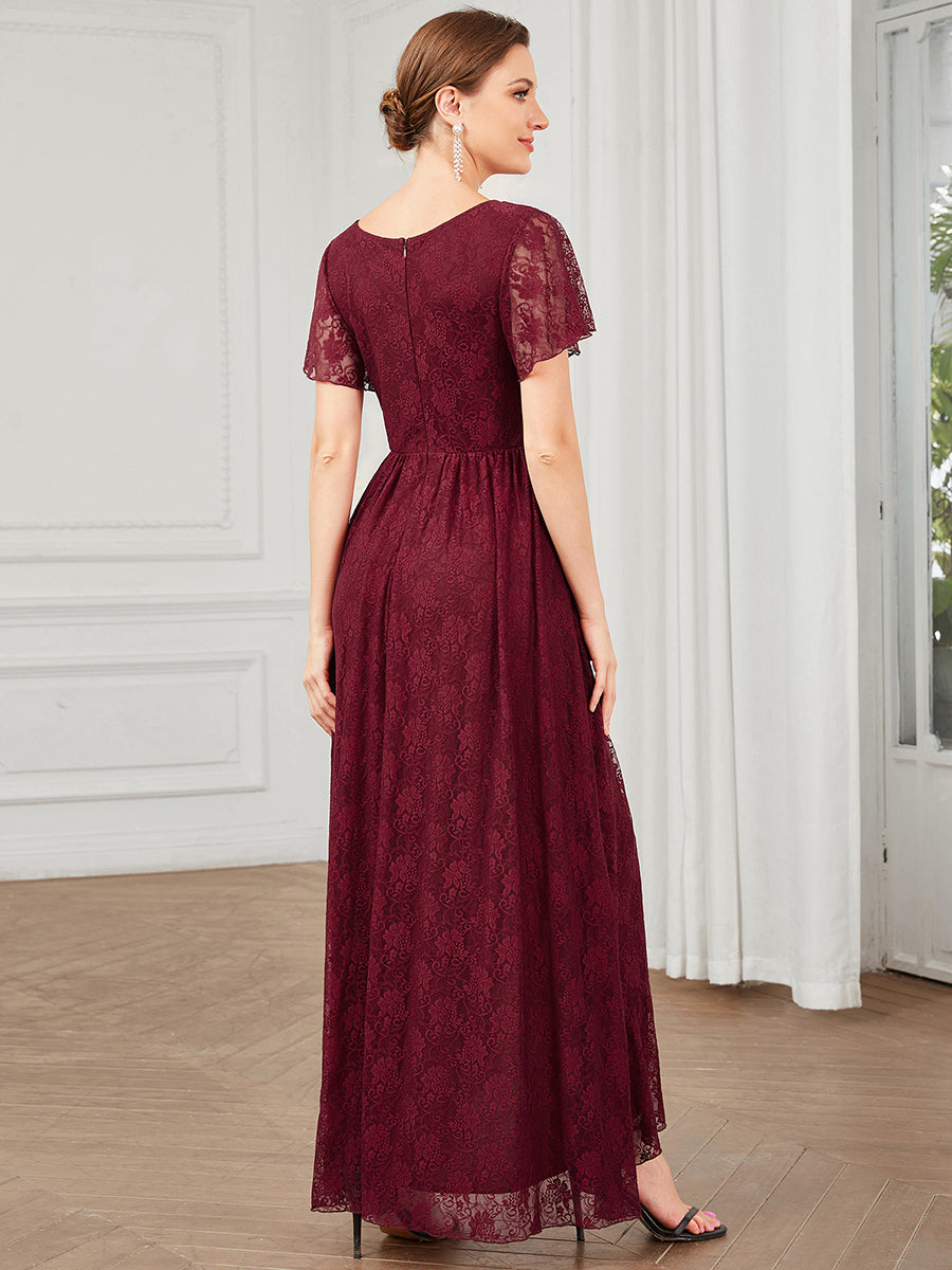 Größe Nach Maß Kurzärmliges Spitzen-Abendkleid in A-Linie mit Rüschen und V-Ausschnitt #farbe_Burgunderrot