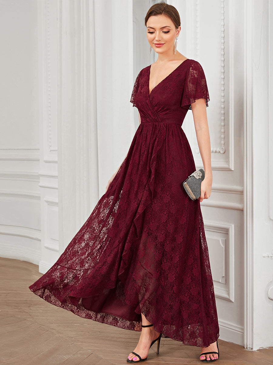 Größe Nach Maß Kurzärmliges Spitzen-Abendkleid in A-Linie mit Rüschen und V-Ausschnitt #farbe_Burgunderrot