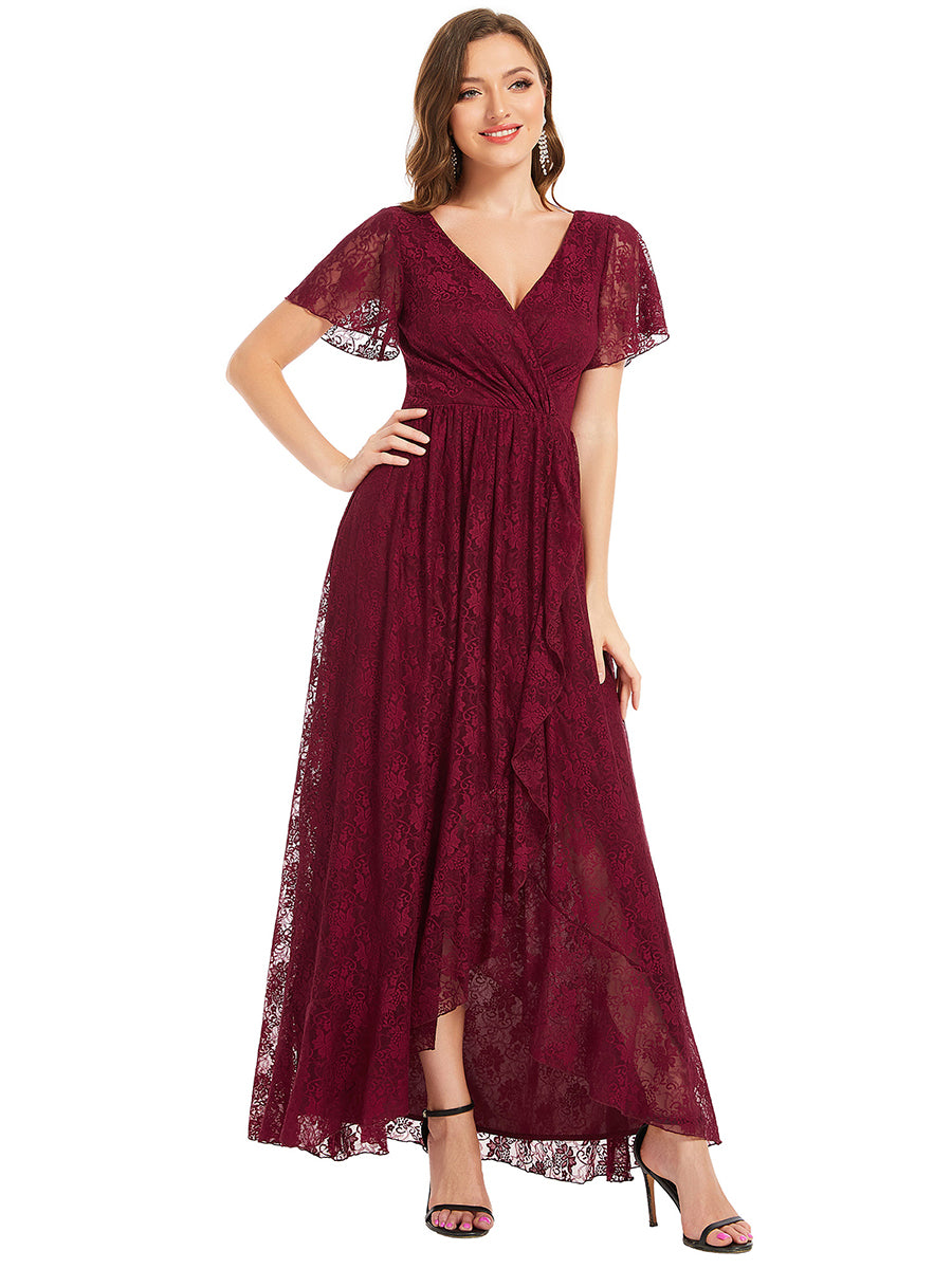 Größe Nach Maß Kurzärmliges Spitzen-Abendkleid in A-Linie mit Rüschen und V-Ausschnitt #farbe_Burgunderrot
