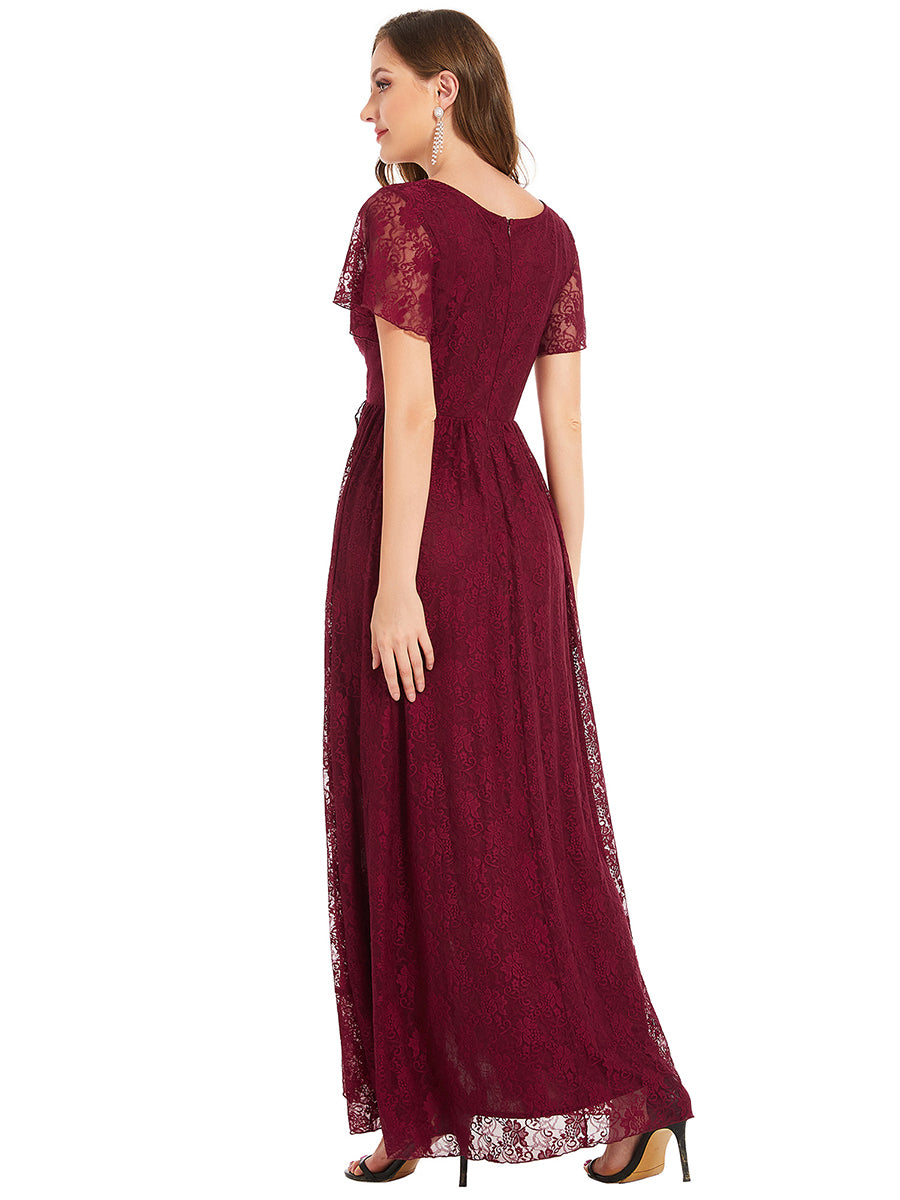 Größe Nach Maß Kurzärmliges Spitzen-Abendkleid in A-Linie mit Rüschen und V-Ausschnitt #farbe_Burgunderrot
