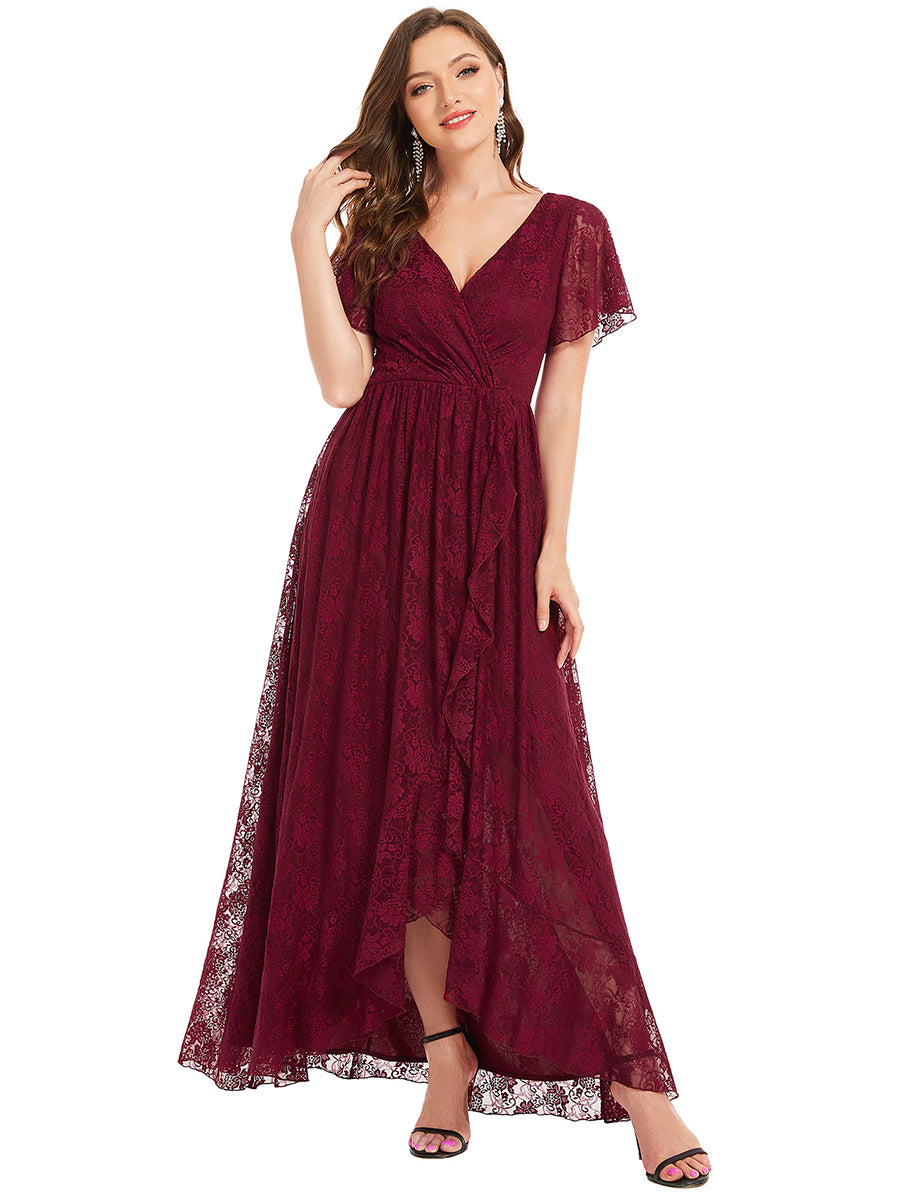 Größe Nach Maß Kurzärmliges Spitzen-Abendkleid in A-Linie mit Rüschen und V-Ausschnitt #farbe_Burgunderrot