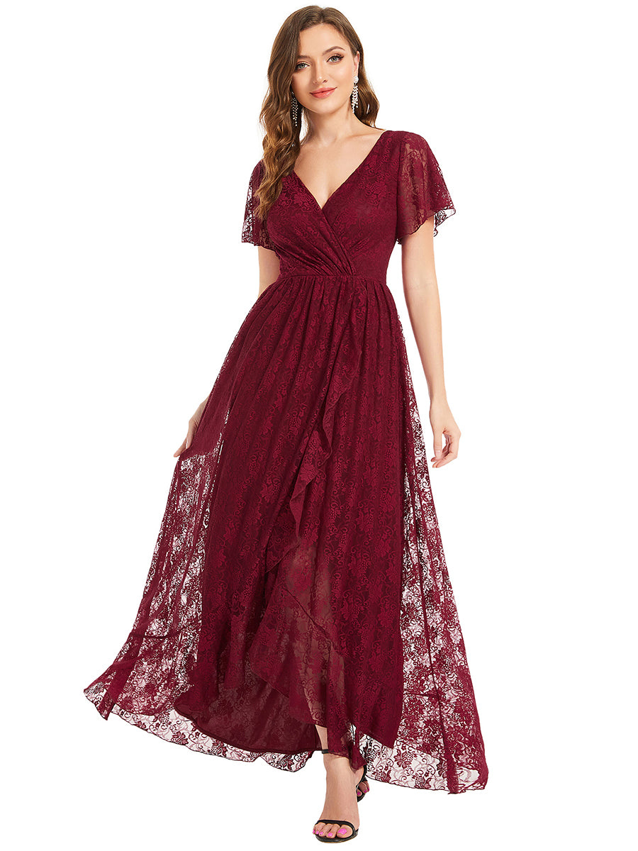 Größe Nach Maß Kurzärmliges Spitzen-Abendkleid in A-Linie mit Rüschen und V-Ausschnitt #farbe_Burgunderrot