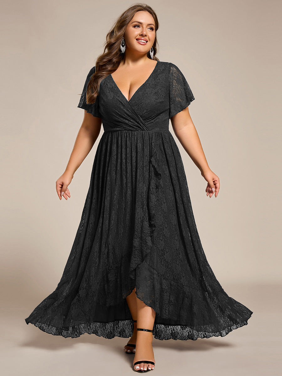 Größe Nach Maß Kurzärmliges Spitzen-Abendkleid in A-Linie mit Rüschen und V-Ausschnitt #farbe_Schwarz