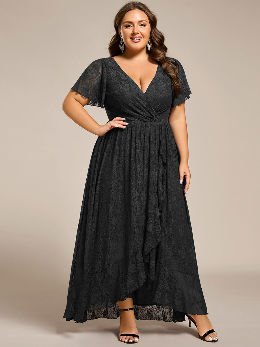 Größe Nach Maß Kurzärmliges Spitzen-Abendkleid in A-Linie mit Rüschen und V-Ausschnitt #farbe_Schwarz
