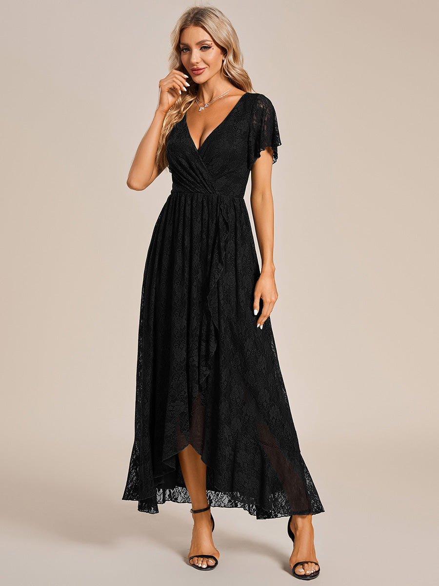 Größe Nach Maß Kurzärmliges Spitzen-Abendkleid in A-Linie mit Rüschen und V-Ausschnitt #farbe_Schwarz