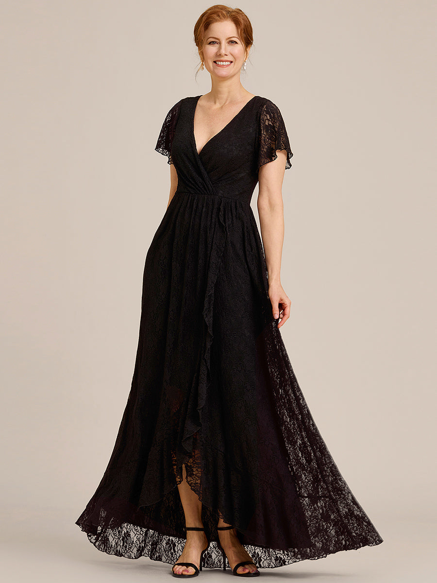 Größe Nach Maß Kurzärmliges Spitzen-Abendkleid in A-Linie mit Rüschen und V-Ausschnitt #farbe_Schwarz
