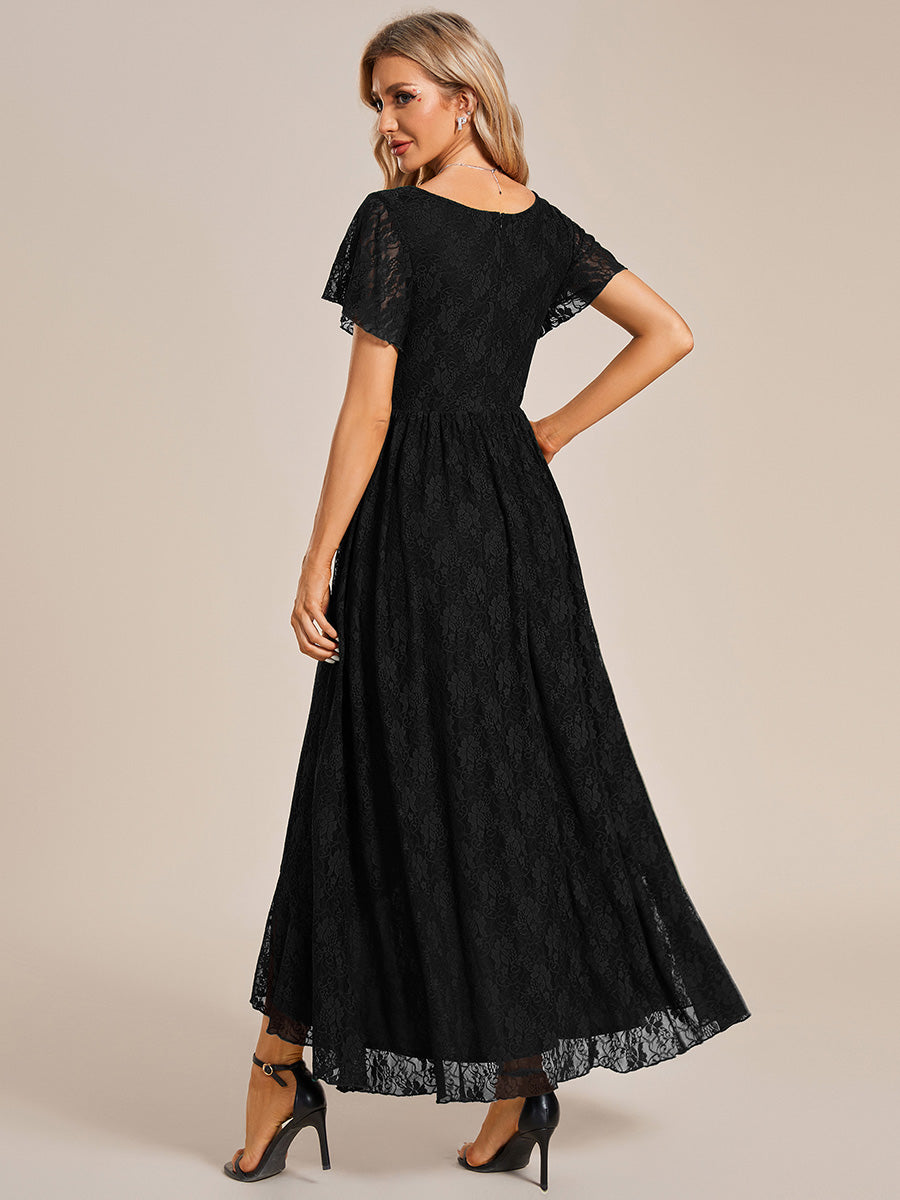 Größe Nach Maß Kurzärmliges Spitzen-Abendkleid in A-Linie mit Rüschen und V-Ausschnitt #farbe_Schwarz
