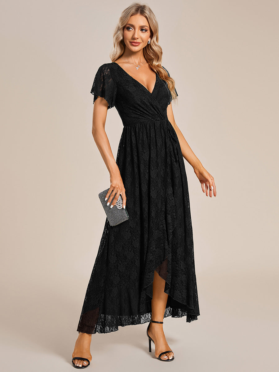 Größe Nach Maß Kurzärmliges Spitzen-Abendkleid in A-Linie mit Rüschen und V-Ausschnitt #farbe_Schwarz