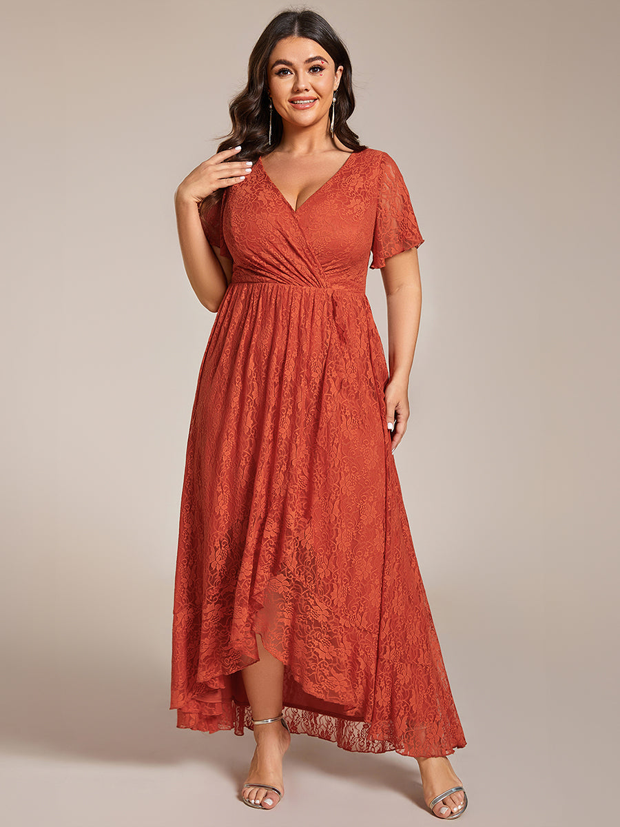 Größe Nach Maß Kurzärmliges Spitzen-Abendkleid in A-Linie mit Rüschen und V-Ausschnitt #farbe_Gebranntes Orange
