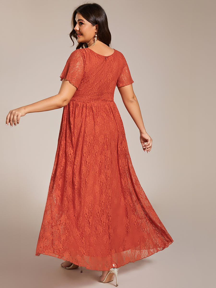 Größe Nach Maß Kurzärmliges Spitzen-Abendkleid in A-Linie mit Rüschen und V-Ausschnitt #farbe_Gebranntes Orange