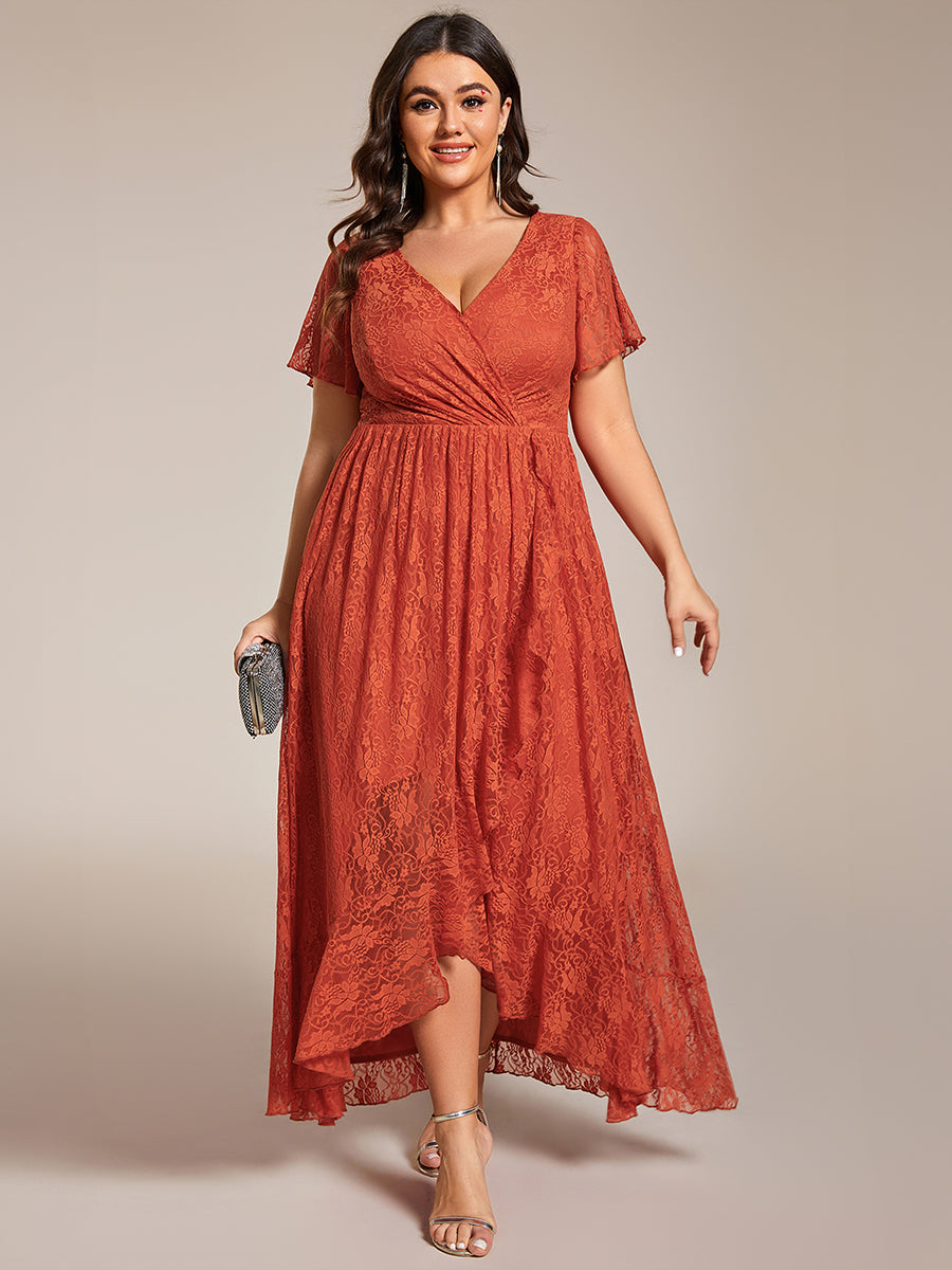 Größe Nach Maß Kurzärmliges Spitzen-Abendkleid in A-Linie mit Rüschen und V-Ausschnitt #farbe_Gebranntes Orange
