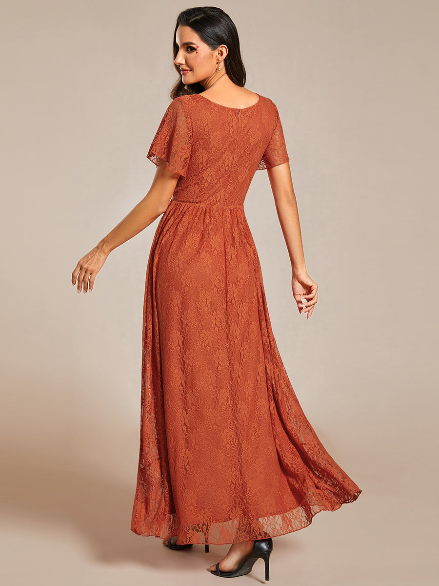 Größe Nach Maß Kurzärmliges Spitzen-Abendkleid in A-Linie mit Rüschen und V-Ausschnitt #farbe_Gebranntes Orange