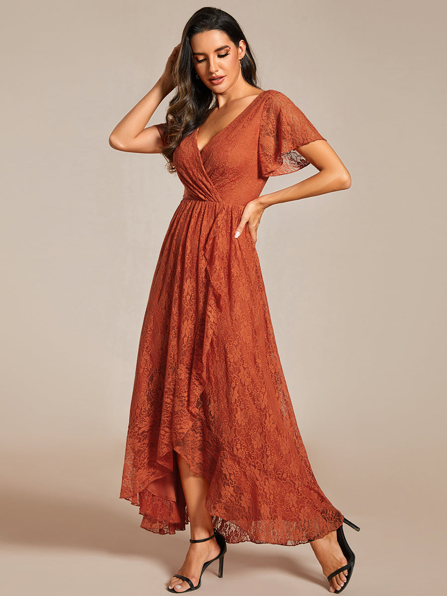 Größe Nach Maß Kurzärmliges Spitzen-Abendkleid in A-Linie mit Rüschen und V-Ausschnitt #farbe_Gebranntes Orange