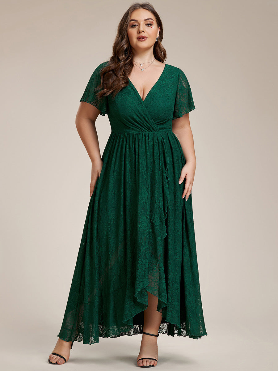 Größe Nach Maß Kurzärmliges Spitzen-Abendkleid in A-Linie mit Rüschen und V-Ausschnitt #farbe_Dunkelgrün