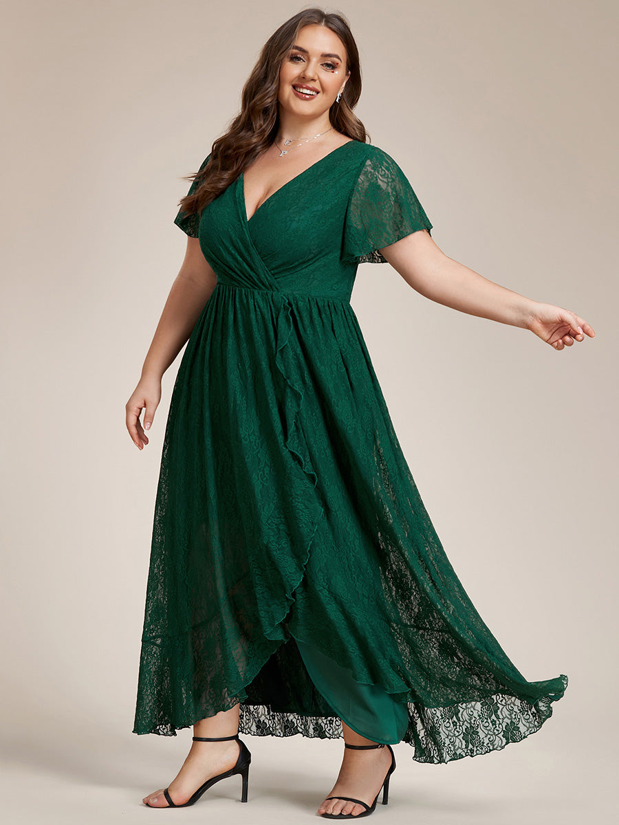 Größe Nach Maß Kurzärmliges Spitzen-Abendkleid in A-Linie mit Rüschen und V-Ausschnitt #farbe_Dunkelgrün
