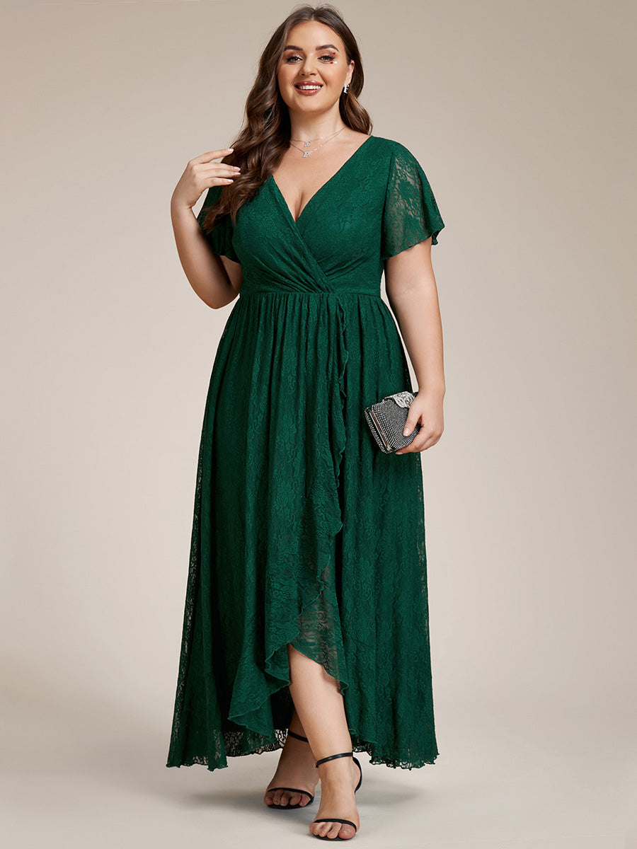 Größe Nach Maß Kurzärmliges Spitzen-Abendkleid in A-Linie mit Rüschen und V-Ausschnitt #farbe_Dunkelgrün