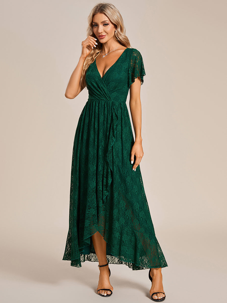Größe Nach Maß Kurzärmliges Spitzen-Abendkleid in A-Linie mit Rüschen und V-Ausschnitt #farbe_Dunkelgrün