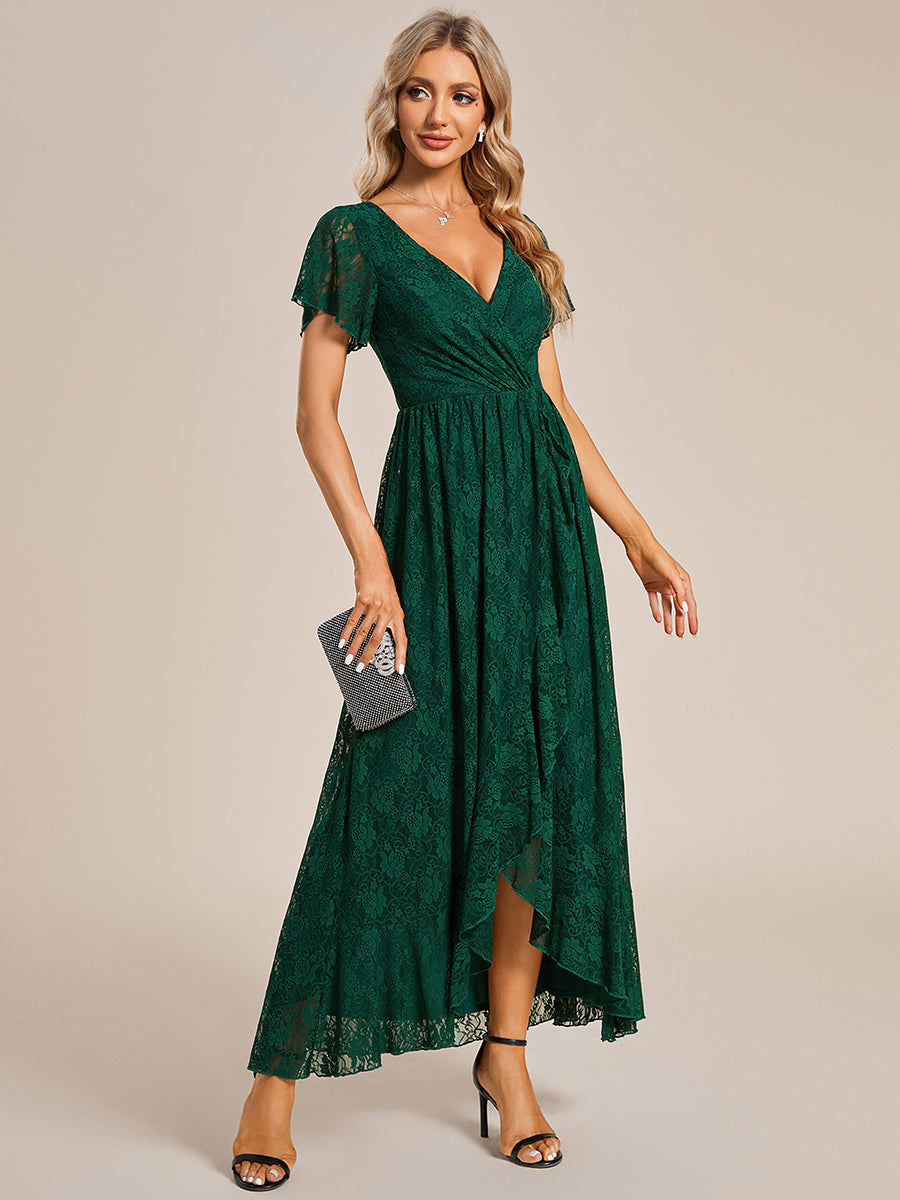 Größe Nach Maß Kurzärmliges Spitzen-Abendkleid in A-Linie mit Rüschen und V-Ausschnitt #farbe_Dunkelgrün