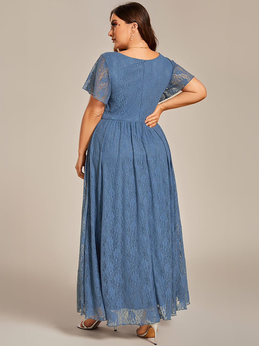 Größe Nach Maß Kurzärmliges Spitzen-Abendkleid in A-Linie mit Rüschen und V-Ausschnitt #farbe_Taubenblau