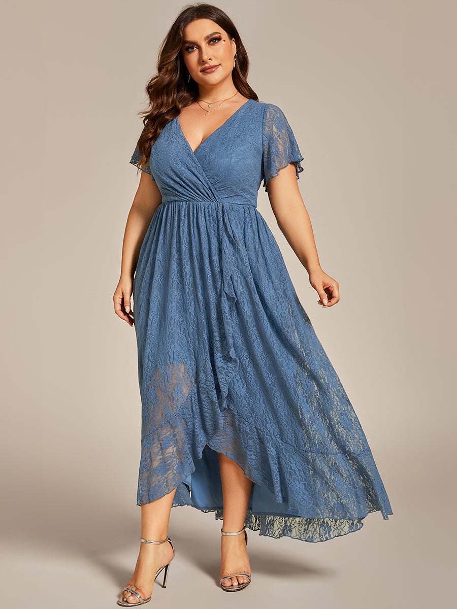 Größe Nach Maß Kurzärmliges Spitzen-Abendkleid in A-Linie mit Rüschen und V-Ausschnitt #farbe_Taubenblau