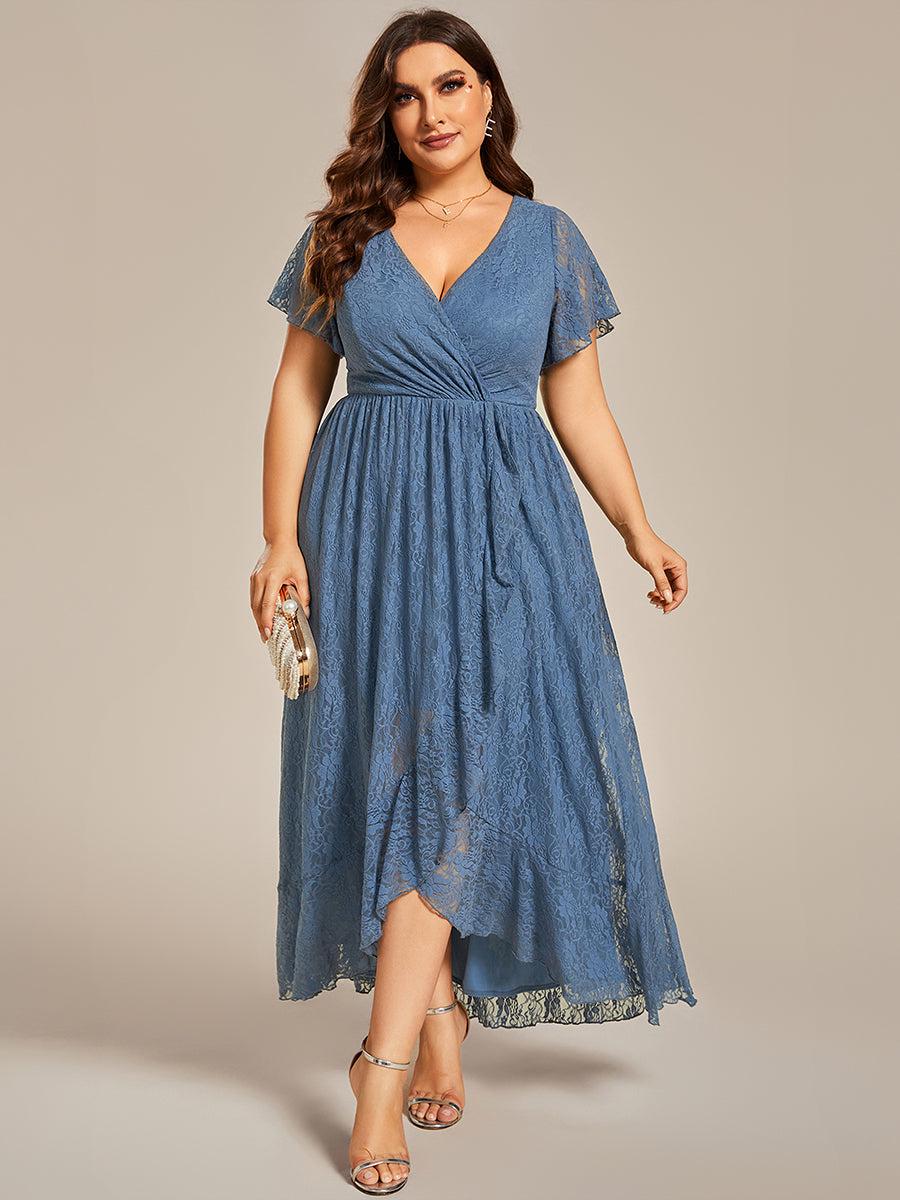 Größe Nach Maß Kurzärmliges Spitzen-Abendkleid in A-Linie mit Rüschen und V-Ausschnitt #farbe_Taubenblau
