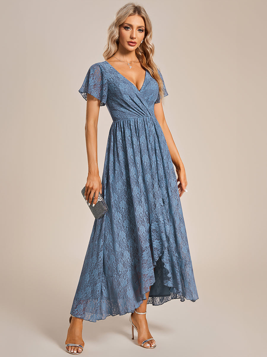 Größe Nach Maß Kurzärmliges Spitzen-Abendkleid in A-Linie mit Rüschen und V-Ausschnitt #farbe_Taubenblau