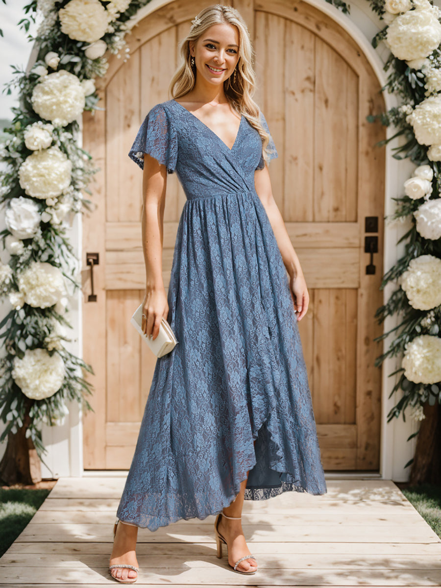 Größe Nach Maß Kurzärmliges Spitzen-Abendkleid in A-Linie mit Rüschen und V-Ausschnitt #farbe_Taubenblau