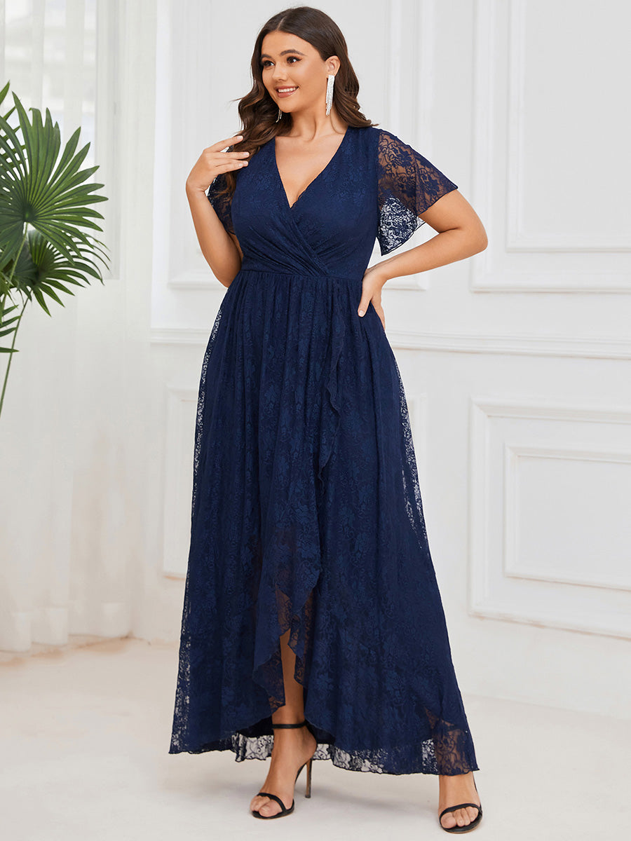 Größe Nach Maß Kurzärmliges Spitzen-Abendkleid in A-Linie mit Rüschen und V-Ausschnitt #farbe_Marineblau
