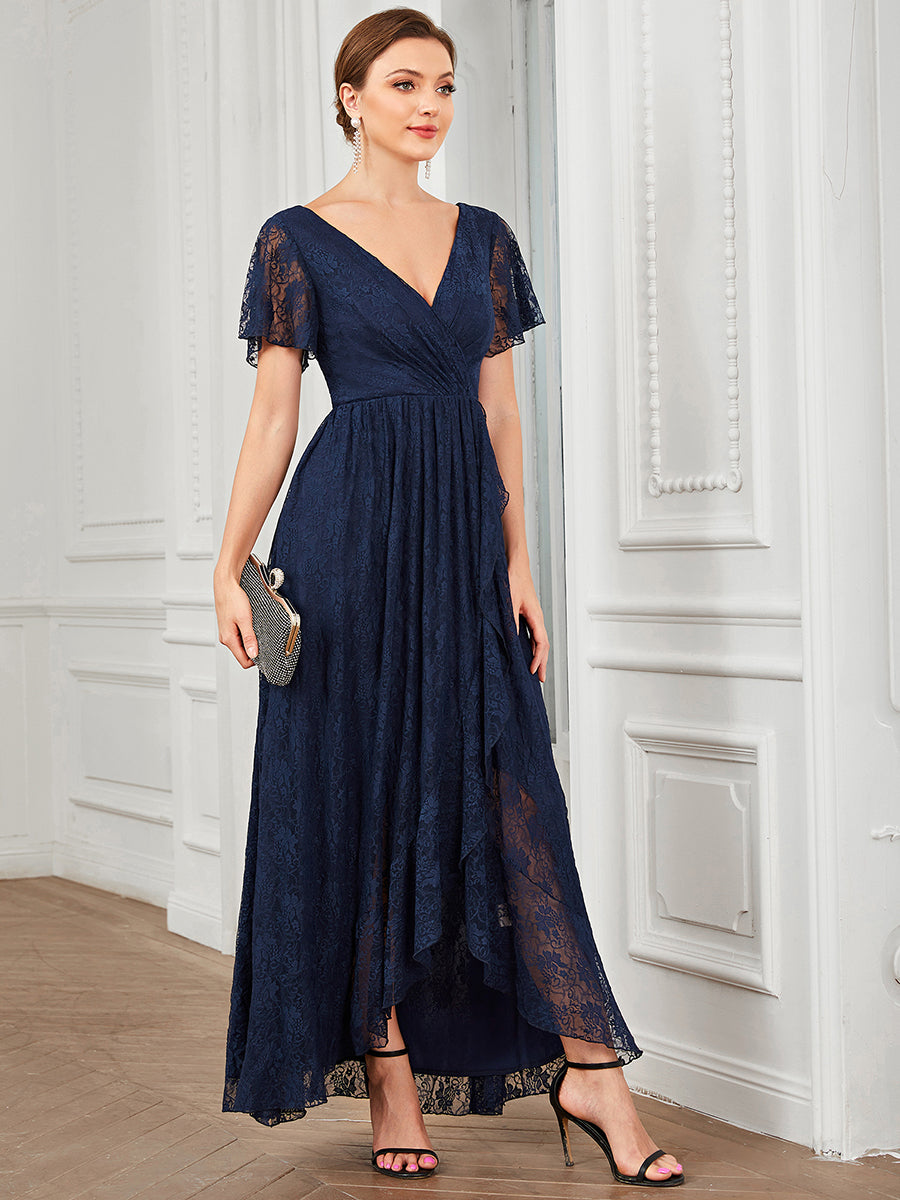 Größe Nach Maß Kurzärmliges Spitzen-Abendkleid in A-Linie mit Rüschen und V-Ausschnitt #farbe_Marineblau