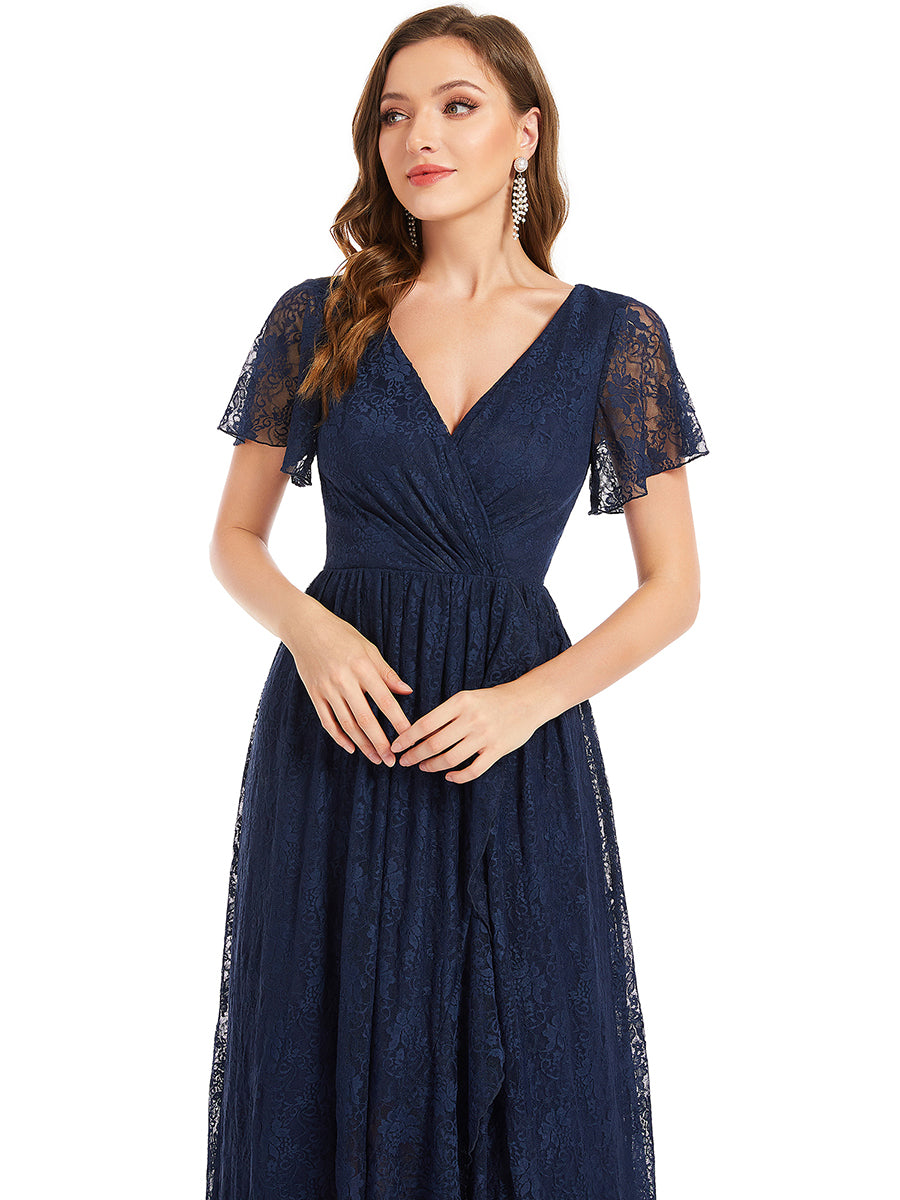 Größe Nach Maß Kurzärmliges Spitzen-Abendkleid in A-Linie mit Rüschen und V-Ausschnitt #farbe_Marineblau