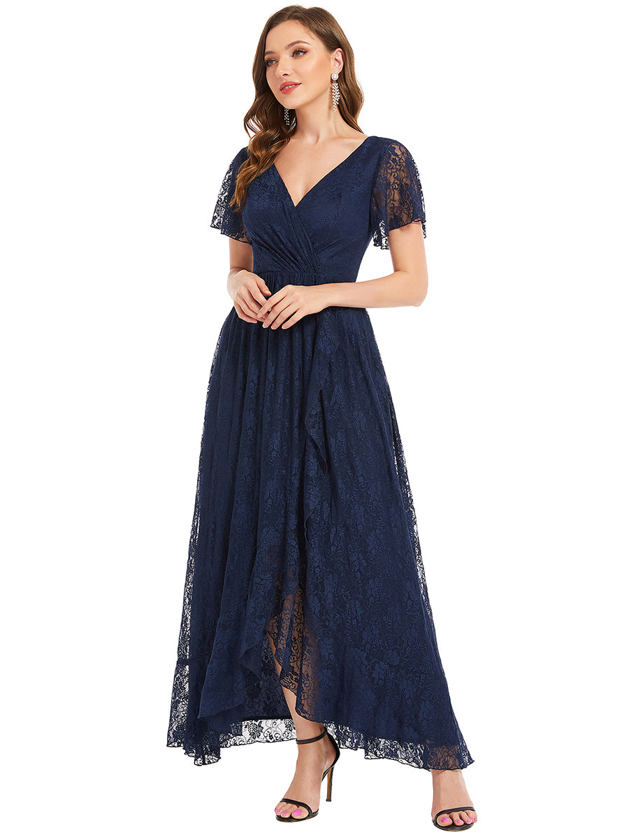 Größe Nach Maß Kurzärmliges Spitzen-Abendkleid in A-Linie mit Rüschen und V-Ausschnitt #farbe_Marineblau
