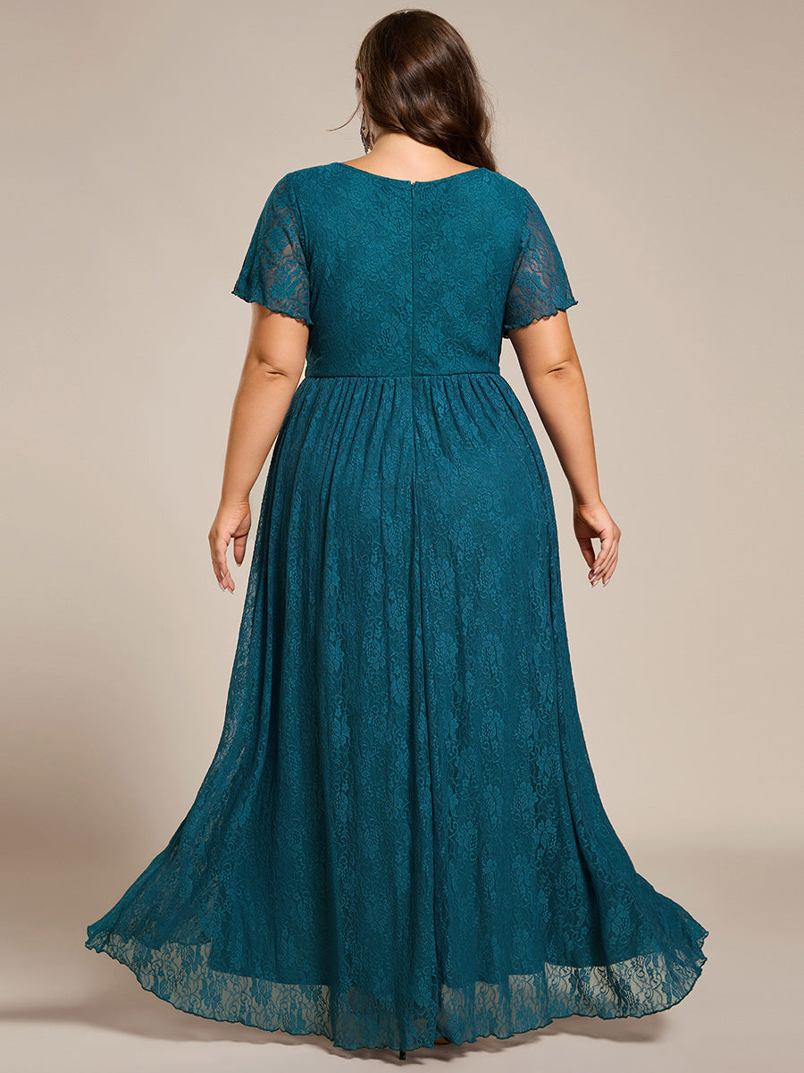 Größe Nach Maß Kurzärmliges Spitzen-Abendkleid in A-Linie mit Rüschen und V-Ausschnitt #farbe_Petrol