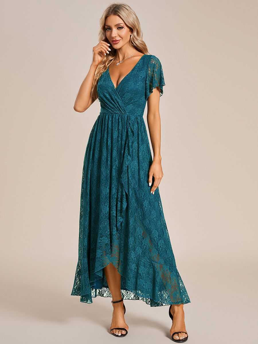 Größe Nach Maß Kurzärmliges Spitzen-Abendkleid in A-Linie mit Rüschen und V-Ausschnitt #farbe_Petrol