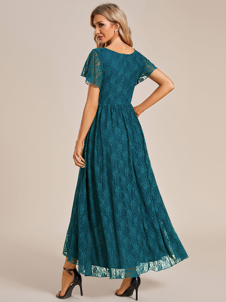 Größe Nach Maß Kurzärmliges Spitzen-Abendkleid in A-Linie mit Rüschen und V-Ausschnitt #farbe_Petrol