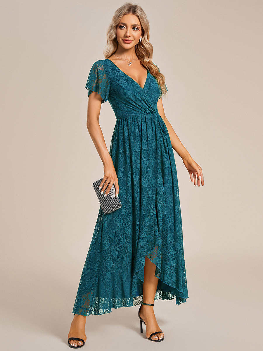 Größe Nach Maß Kurzärmliges Spitzen-Abendkleid in A-Linie mit Rüschen und V-Ausschnitt #farbe_Petrol