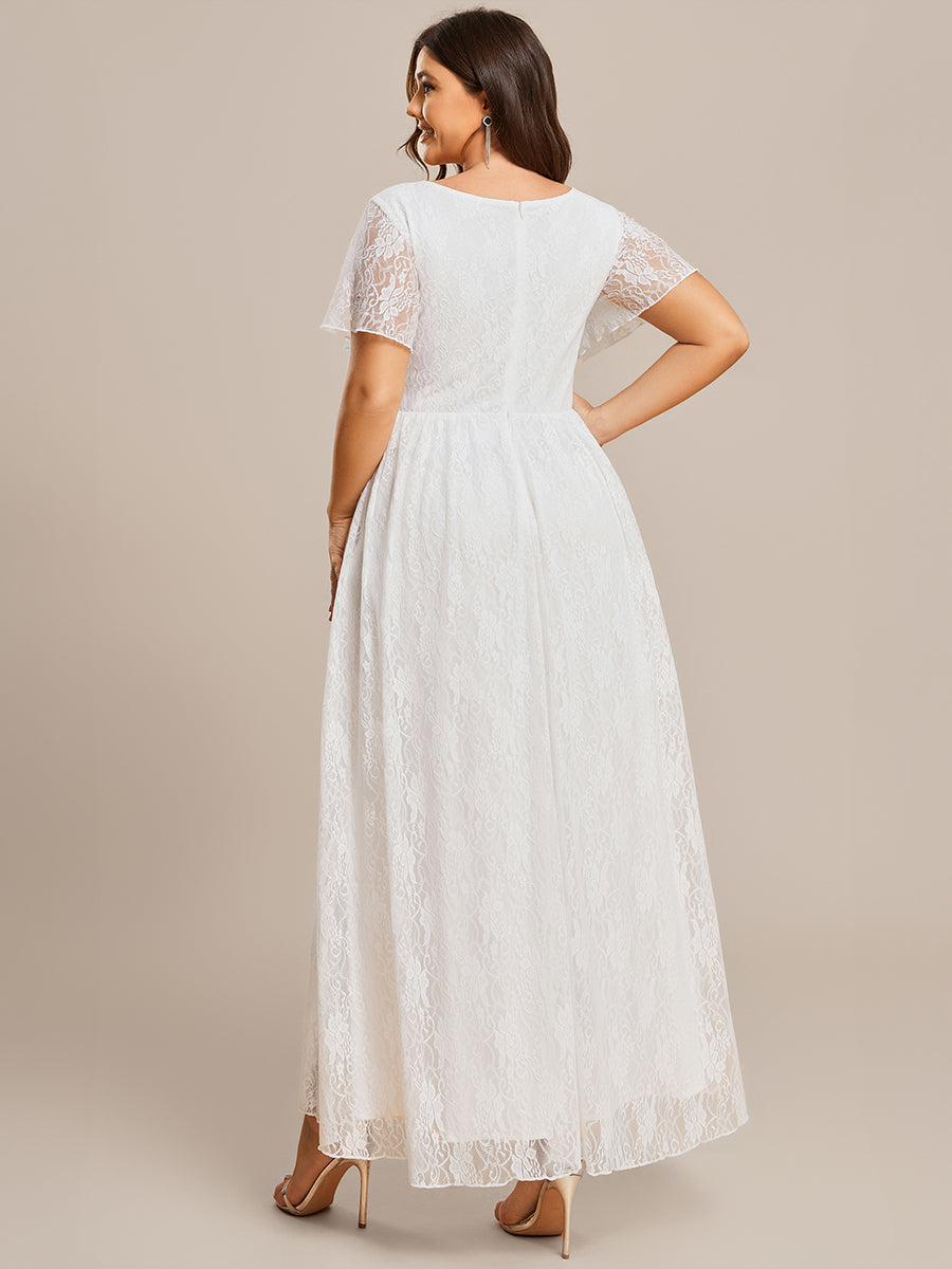 Größe Nach Maß Kurzärmliges Spitzen-Abendkleid in A-Linie mit Rüschen und V-Ausschnitt #farbe_Weiß
