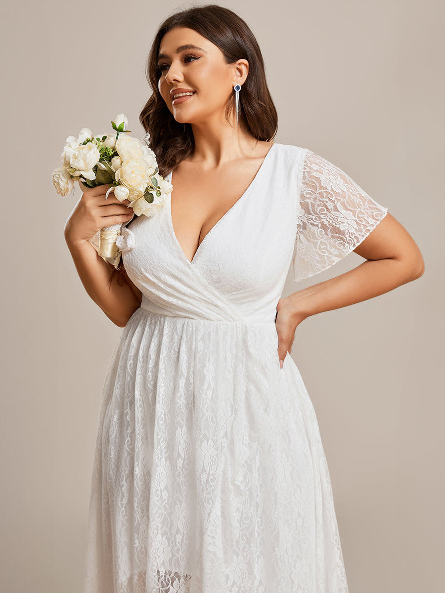 Größe Nach Maß Kurzärmliges Spitzen-Abendkleid in A-Linie mit Rüschen und V-Ausschnitt #farbe_Weiß