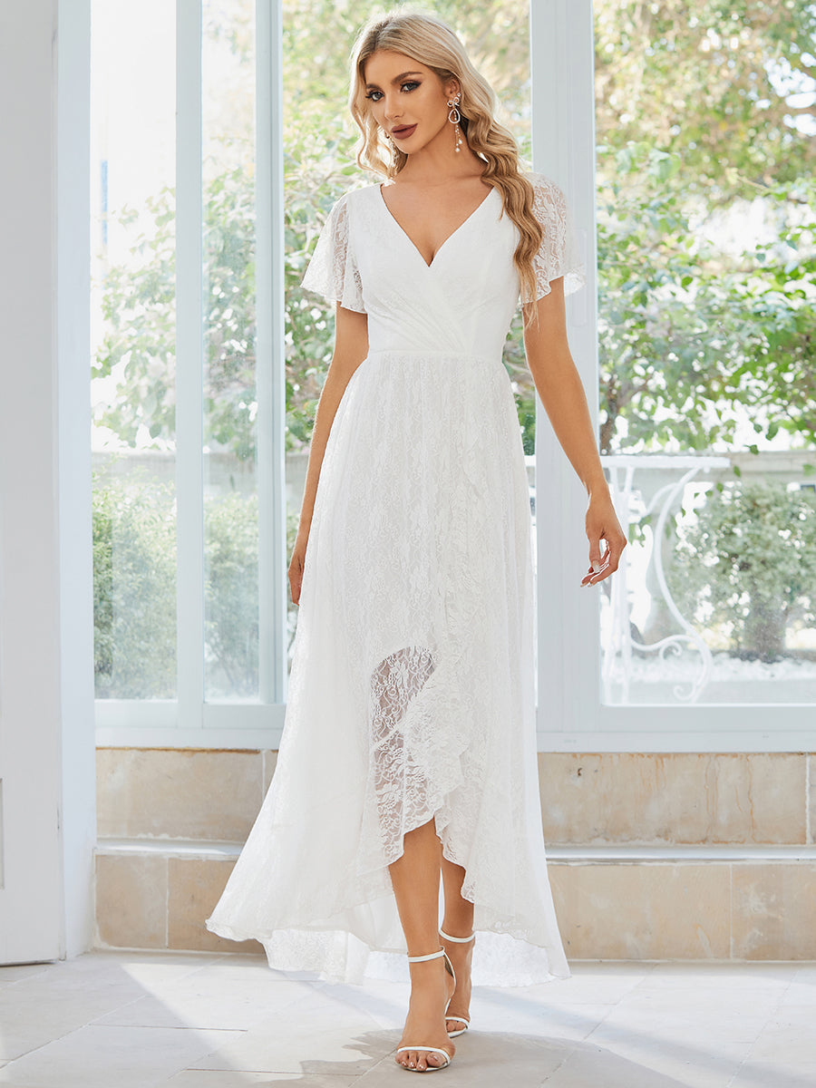 Größe Nach Maß Kurzärmliges Spitzen-Abendkleid in A-Linie mit Rüschen und V-Ausschnitt #farbe_Weiß