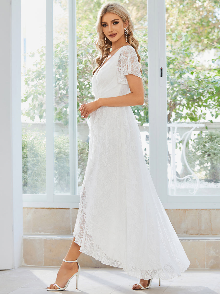 Größe Nach Maß Kurzärmliges Spitzen-Abendkleid in A-Linie mit Rüschen und V-Ausschnitt #farbe_Weiß